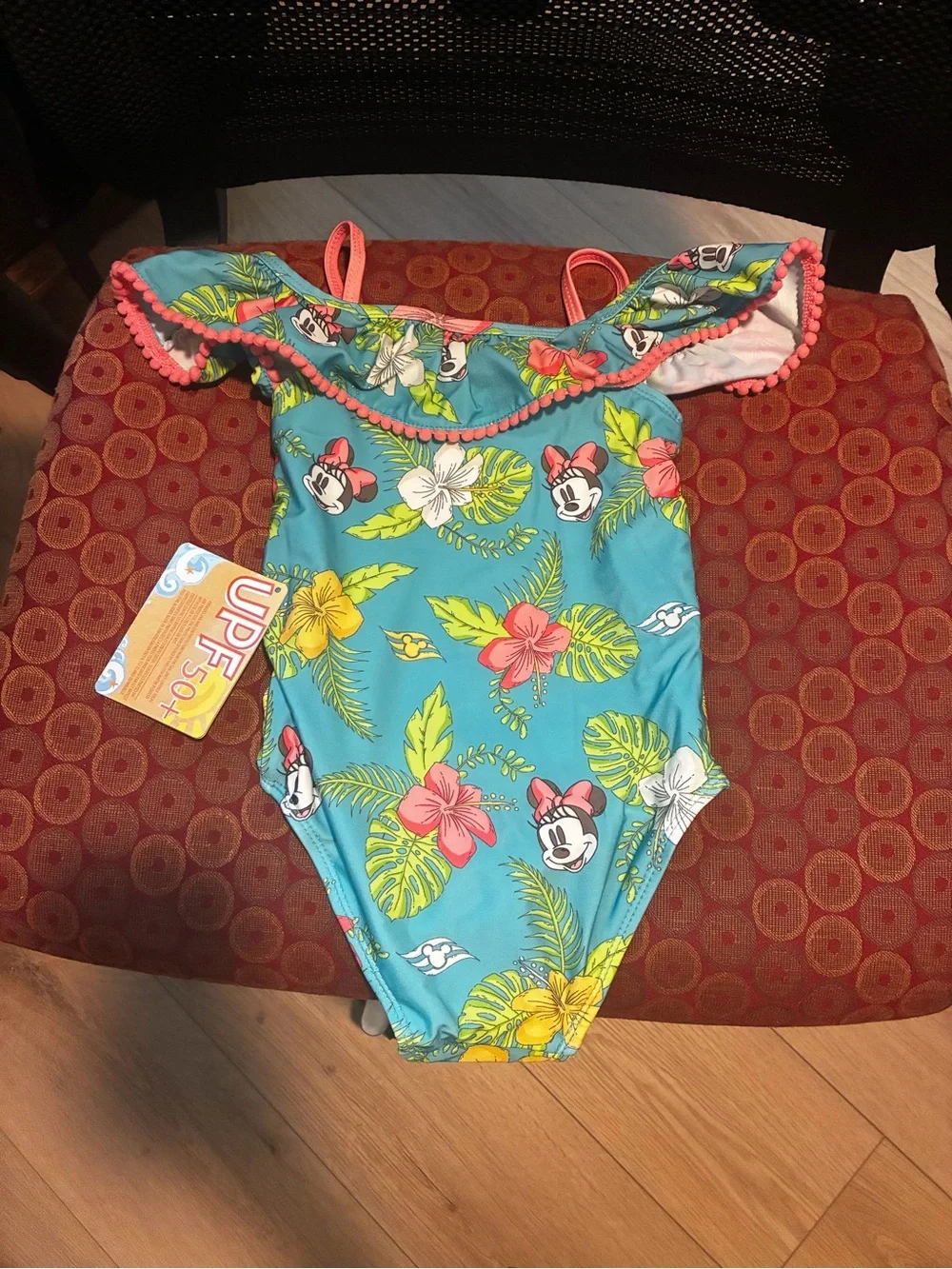 Disney Turquoise Floral Minnie One-Piece Swimsuit with Pink Trim